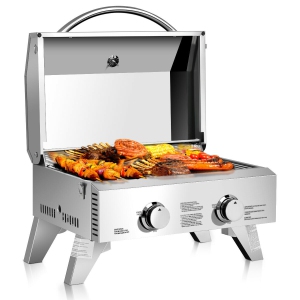 Gril à gaz propane de table portable Gymax à 2 brûleurs en acier inoxydable