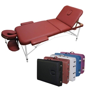 Burgundy Red 3-Section Aluminum 84"L Portable Massage Table Facial SPA Bed Tattoo w/ Free Carry Case and Accessories