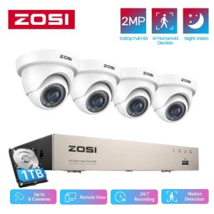 ZOSI H.265+ 8CH 5MP Lite DVR Home Security Camera System with 1TB HDD, 4pcs 1080P FHD Dome Wired Outdoor Surveillance Cameras, 80ft Night Vision, Human Detection - White
