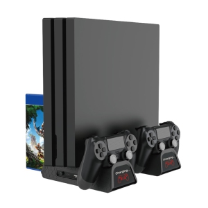 Navor Multifunctional Cooling Stand Compatible with PS4/ PS4 Slim/ PS4 Pro, Vertical Cooler Fan and Controller Charging Station with LED Indicators, Dock Stand with Games Storage