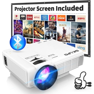 Upgraded Two-Way Bluetooth 1080P Mini Movie Projector with Screen, 50% Zoom, Portable Outdoor Movie Compatible with TV Stick, Video Games, HDMI, USB, Smartphone