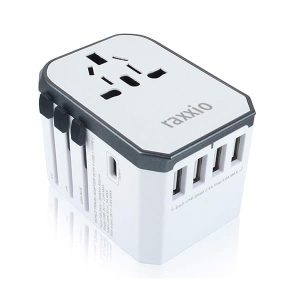 Raxxio Universal Travel Adapter Plug with USB Type C 2.4A 4 USB Ports (White)