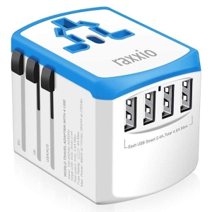 Raxxio Universal Travel Adapter Plug with 2.4A 4 USB Ports (Blue & White)