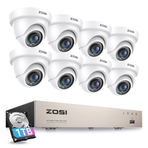 ZOSI H.265+ 8CH 5MP Lite DVR Home Security Camera System with 1TB HDD, 8pcs 1080P FHD Dome Wired Outdoor Surveillance Cameras, 80ft Night Vision, Remote Access - White