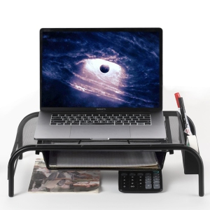 Desk Monitor / Laptop Stand Riser with Pull Out Drawer and Side Compartments to Keep Pencil, Pen, Phone, Calculator, Files, and Other Small Accessories