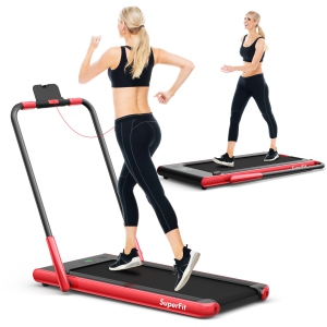 Superfit 2.25HP 2 in 1 Folding Treadmill w/Bluetooth Speaker, Remote Control - Fits under Desk or Bed - Red