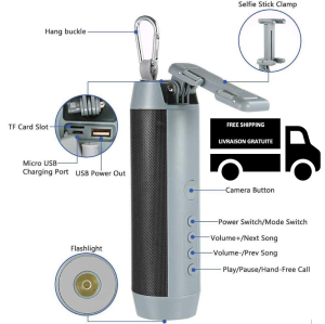 Stimula Lifestyle HD Soul Multifunction Portable Bluetooth Wireless Splash proof Speaker Apple Iphone Samsung Android, Selfie Stick, USB Bank Charger, LED flashlight - BLACK