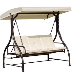 Outsunny 3 Seater Patio Swing Chair Convertible Cushioned Porch Swing Bed Outdoor Swing with Canopy Beige