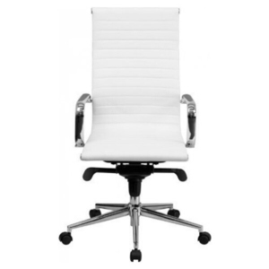 Eames Style Modern High back Chair Tall Ribbed PU leather with wheels arms Arm Rest w/Tilt Adjustable seat - White