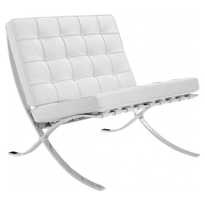 Barcelona Style Modern Pavilion Chair Couch Sofa - High Quality Leather with Stainless Steel Frame - White