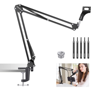 Microphone Arm Stand, Suspension Boom Scissor Mic Arm Stand with 3/8” to 5/8” Screw and Cable Ties Compatible with Blue Yeti, Snowball, Yeti X, Quadcast and Other Mics