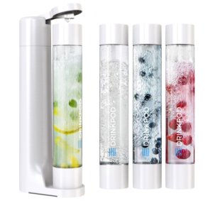 Drinkpod FIZZpod Soda Maker - Fizzy Drink Machine with 3 PET Bottles, 3 Caps, 1 Carbonator Cap and Manual - Make Homemade Sparkle Water, Juice, Coffee, Tea and Cocktail Drinks with Fruit - White