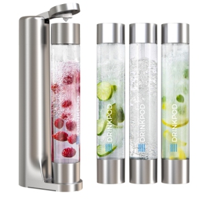 Drinkpod FIZZpod Soda Maker - Fizzy Drink Machine with 3 PET Bottles, 3 Caps, 1 Carbonator Cap and Manual - Make Homemade Sparkle Water, Juice, Coffee, Tea and Cocktail Drinks with Fruit - Silver