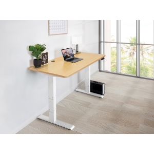 EFFYDESK Business Height Adjustable Home Office Computer Standing Desk with Cable Management Tray (47"×29") Oak Wood on White Frame
