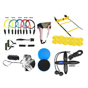 Complete Gym-in-a-Box [Resistance Bands(150 lbs)|Agility Ladder|Speed Parachute|Electronic Skipping Rope|Glider Discs|Training Cones|Stretching Band]