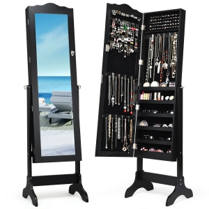 Costway Lockable Mirrored Jewelry Cabinet Armoire Mirror Organizer Storage Box w/ Stand