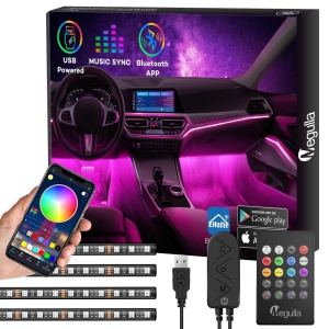 Interior Car Lights with Bluetooth App Control, Megulla 4PC Underdash Lighting Kits with Remote and Color Changing, USB RGB