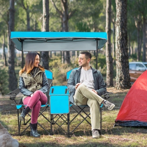 Goplus Portable Folding Camping Canopy Chairs w/ Cup Holder Cooler Outdoor Blue Patented