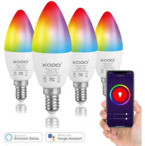 XODO LB4 Smart Wi-Fi B11 E12 Dimmable Ceiling Fan Candle Light Bulb - 5W (30W Equivalent) 350LM RGB+W - LED Multi Color, Adjustable Color Changing Smart Bulb (4-Pack)
