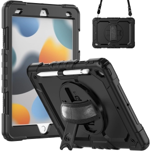 NAVOR stock iPad 9th/8th/7th Generation Case, iPad Three Layer Drop Protection Case with [360 Rotating Stand] Hand Strap &[Pencil Holder] iPad 9th/8th/7th Gen 10.2 Inch (Black)