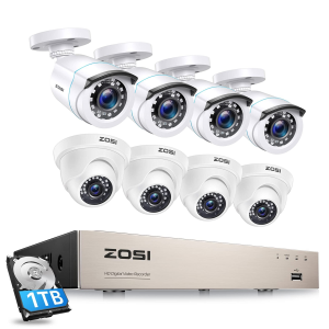 ZOSI H.265+ 8CH 5MP Lite DVR Home Security Camera System with 1TB HDD, 8pcs 1080P Bullet/Dome Outdoor Surveillance Cameras, 80ft Night Vision, Motion Alert, Remote Access - White