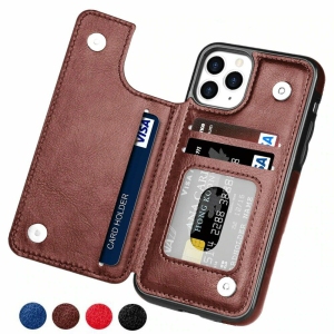 Leather Flip Wallet Case Card Holder Phone Back Cover for iPhone 12 (Brown)