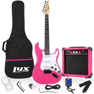 LyxPro 39" inch Full Size Electric Guitar with 20w Amp, Package Includes All Accessories, Digital Tuner, Strings, Picks, Tremolo Bar, Shoulder Strap, and Case Bag Complete Beginner Starter kit - Pink
