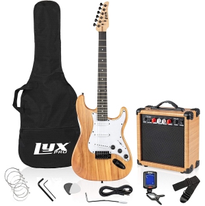 LyxPro Electric Guitar 39" inch Full Beginner Starter kit Full Size with 20w Amp, Package Includes All Accessories, Digital Tuner, Strings, Picks, Tremolo Bar, Shoulder Strap, and Case Bag - Natural