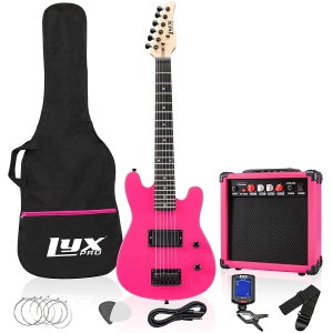 LyxPro 30 Inch Electric Guitar and Starter Kit for Kids with 3/4 Size Beginner’s Guitar, Amp, Six Strings, Two Picks, Shoulder Strap, Digital Clip On Tuner, Guitar Cable and Soft Case Gig Bag - Pink