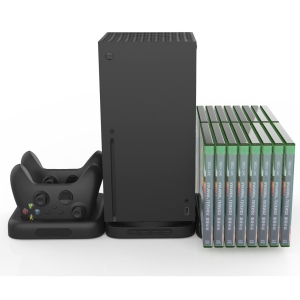 wingomart 3-in-1 Powered Vertical Stand for Xbox Series X - Dual Controller Charger Dock & Discs Storage (Stand includes 4 USB 2.0 Ports)