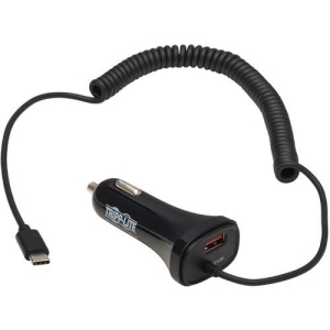 Tripp Lite USB Dual Port Car Charger, USB-C 18W QC 3.0 and USB-A 12W Dual Port USB Car Charger, Coiled USB Charging Cable, ...