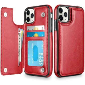 Leather Flip Wallet Case Card Holder Phone Back Cover for iPhone 12 Pro Max (Red)