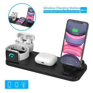 6 in 1 Wireless Charger Dock Stand Station for Apple Watch iWatch AirPods 1 2 iPhone Pro Max Samsung LG Phones, Black