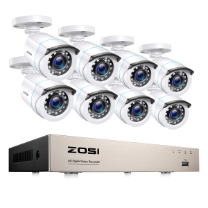 ZOSI H.265+ 8CH 5MP Lite DVR Home Security Camera System, 8pcs 1080P Bullet Outdoor Surveillance Cameras, 80ft Night Vision, Motion Detection, Remote Access - White