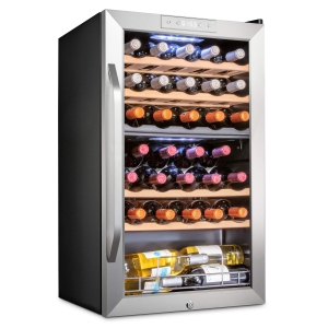 Ivation 33 Bottle Dual Zone Wine Cooler Refrigerator w/Lock | Large Freestanding Wine Cellar For Red, White, Champagne & Sparkling Wine | 41f-64f Digital Temperature Control Fridge