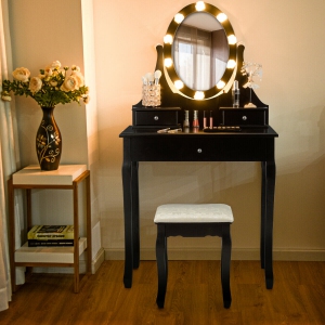 Gymax Bedroom Vanity Set Makeup Dressing Table 3 Drawers Lighted Mirror W/10 led Bulbs Black