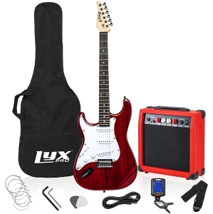 LyxPro Left Hand 39 Inch Electric Guitar and Starter Kit for Lefty Full Size Beginner’s Guitar, Amp, Six Strings, Two Picks, Shoulder Strap, Digital Clip On Tuner, Guitar Cable and Soft Case - Red