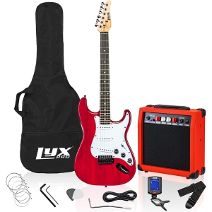 LyxPro Electric Guitar with 20w Amp, Package Includes All Accessories, Digital Tuner, Strings, Picks, Tremolo Bar, Shoulder Strap, and Case Bag Complete Beginner Starter kit Pack Full Size - Red