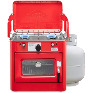 Hike Crew Outdoor Gas Camping Oven w/Carry Bag | 2-in-1 Portable Propane-Powered Stovetop & Oven w/ 2-Burner Cooktop Range, Auto Ignition, Overheat Safety Shutoff, Built-In Thermometer, Hose Regulator