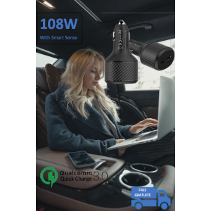 Stimula Lifestyle 108W 2 Port USB-C USB-A & QC 3.0 USB MacBook Pro iPad Pro AirPod Pro iPhone 10 11 12 13 14 15 16 17 Quick Charge Cigarette Car Charger Adaptor Inverter