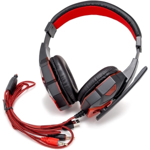 Krazilla Gaming Headset - Super Bass HD Gaming Headphone Red LED Light (KZH-830), 2x 3.5mm plug with 2-to-1 3.5mm jack converter - for PC, Mac, Laptop, Tablet, Smart Phone, and Game Console.