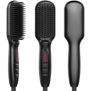 ISTAR Hair Straightener Heat Brush, 2-in-1 Ceramic Ionic Straightening Brush, Hot Comb with Anti-Scald Feature, Auto Temperature Lock & Auto-Off Function (Black)