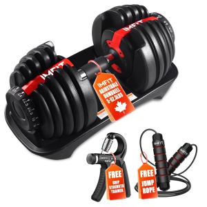 IMFit Dumbbell 5-52.5 lbs Adjustable | Fitness Equipment for Full Body Workout, 15 Weights | Space Saver Design | 1 Dumbbell with Free Hand Grip & Jump Rope