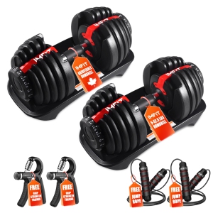 IMFit Best Rated Adjustable Dumbbells 5-52.5 lbs | Everyday Workout Fitness Equipment for Full Body Workout, 15 Weights | Space Saver | 2 Dumbbells, 2 Free Hand Grips & Jump Rope