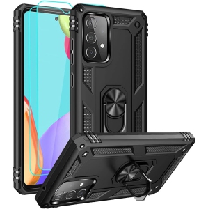 Samsung A52 Case, Galaxy A52 Case with HD Screen Protector, Androgate Military-Grade Ring Holder Kickstand Car Mount 15ft Drop Tested Shockproof Cover Phone Case