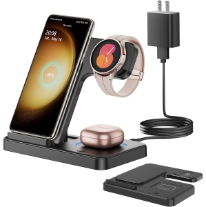 15W 3-in-1 Wireless Charger for iPhone 17–11, Galaxy Z Fold/Flip 6, S24–S20, Galaxy Watch 6/5Pro/4/Classic, Buds Pro/Live/Plus, AirPods Pro/4/3/2 & Qi-Enabled Phones