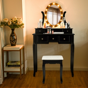 Gymax Vanity Set Makeup Dressing Table W/5 Drawers & Lighted Mirror 12 LED Bulbs Black