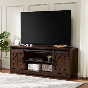 WAMPAT Farmhouse Sliding Barn Door TV Stand for 65" Flat Screen, Living Room Furniture ，Brown 59 Inch