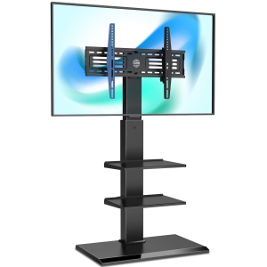 FITUEYES Floor TV Stand Metal Base for 32 to 75 inch Flat Curved Screen Television with 60 Degree Swivel Mount & Height Adjustable up to 53.5" & Three Shelves