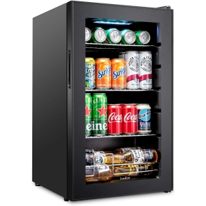 Ivation 101 Can Beverage Refrigerator | Freestanding Ultra Cool Mini Drink Fridge | Beer, Cocktails, Soda, Juice Cooler for Home & Office | Reversible Glass Door & Adjustable Shelving - Black